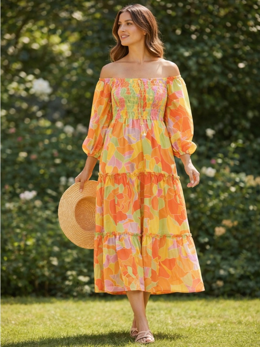 Colorful Floral Tiered Midi Dress Off Shoulder Smocked Boho Summer Small